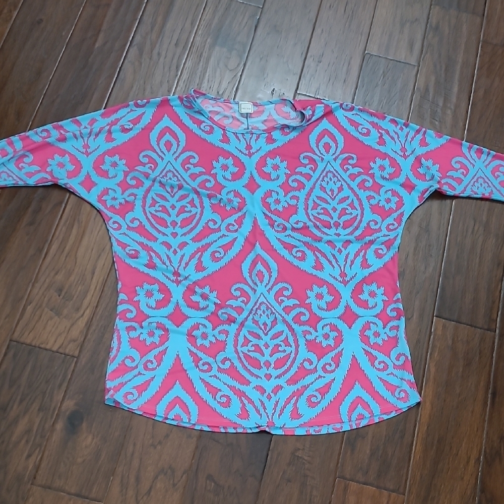 Hershe Bright Hot Pink & Teal Blue Patterned Tunic Blouse size XL